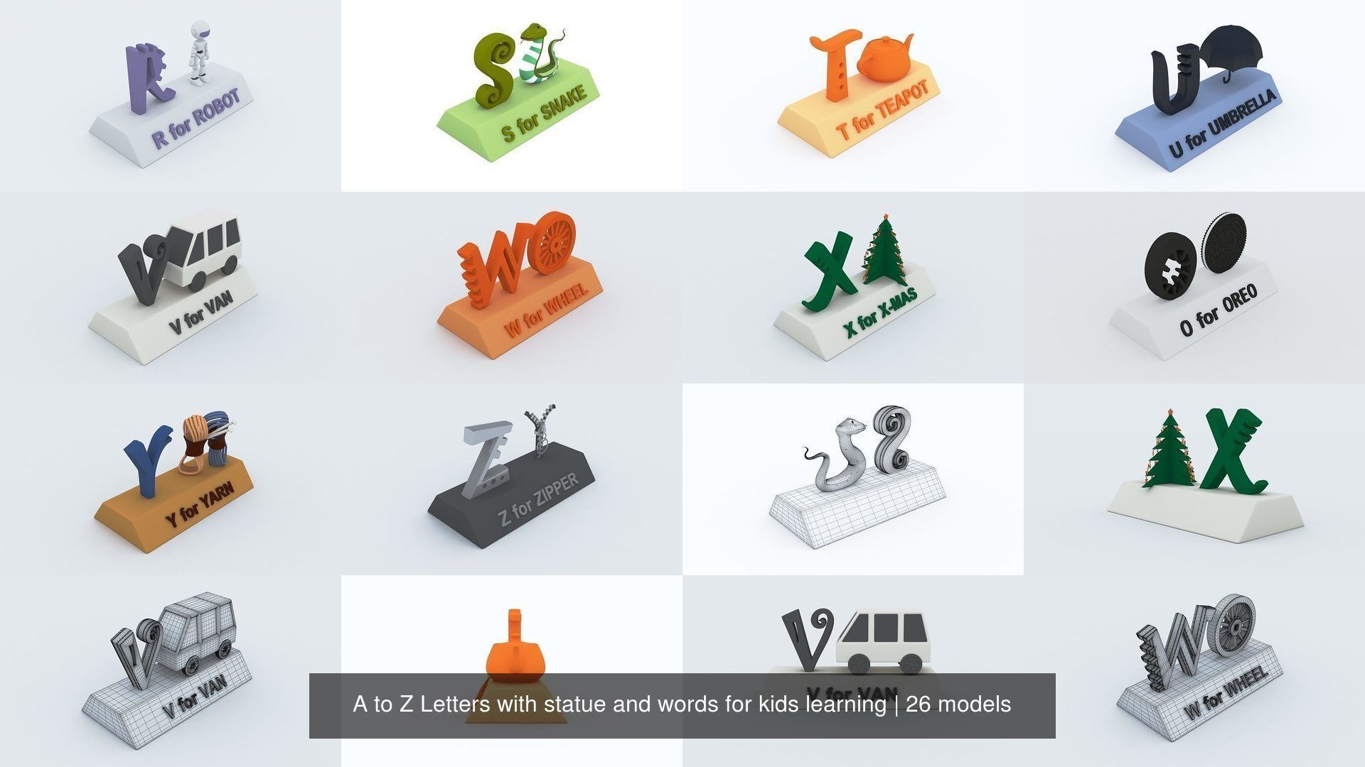 A to Z Letters with statue and words for kids learning 3D Model Collection_8