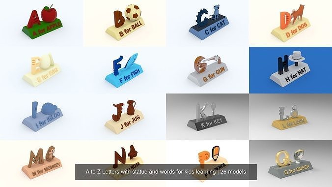 A to Z Letters with statue and words for kids learning 3D Model Collection