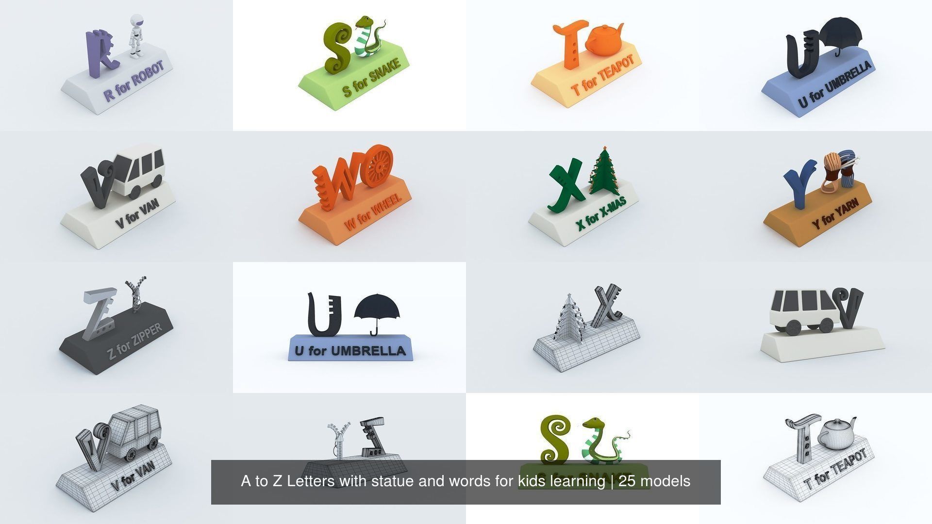 A to Z Letters with statue and words for kids learning 3D Model Collection_9