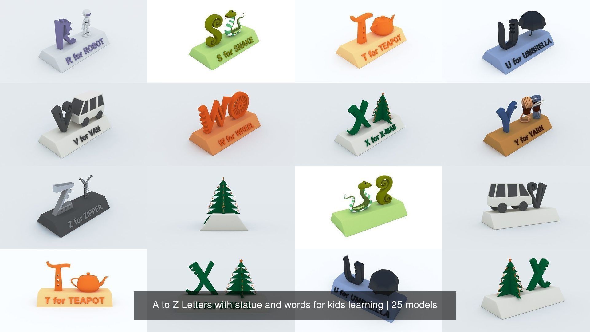 A to Z Letters with statue and words for kids learning 3D Model Collection_10