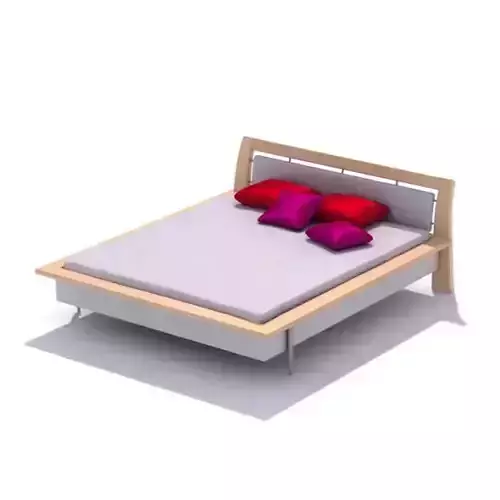 Light Wooden Bed With Purple And Red Pillows
