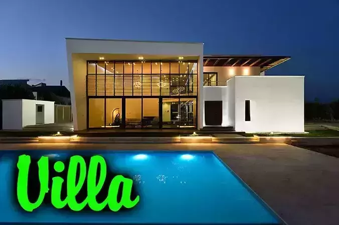 villa 3d modern with swimming pool at night