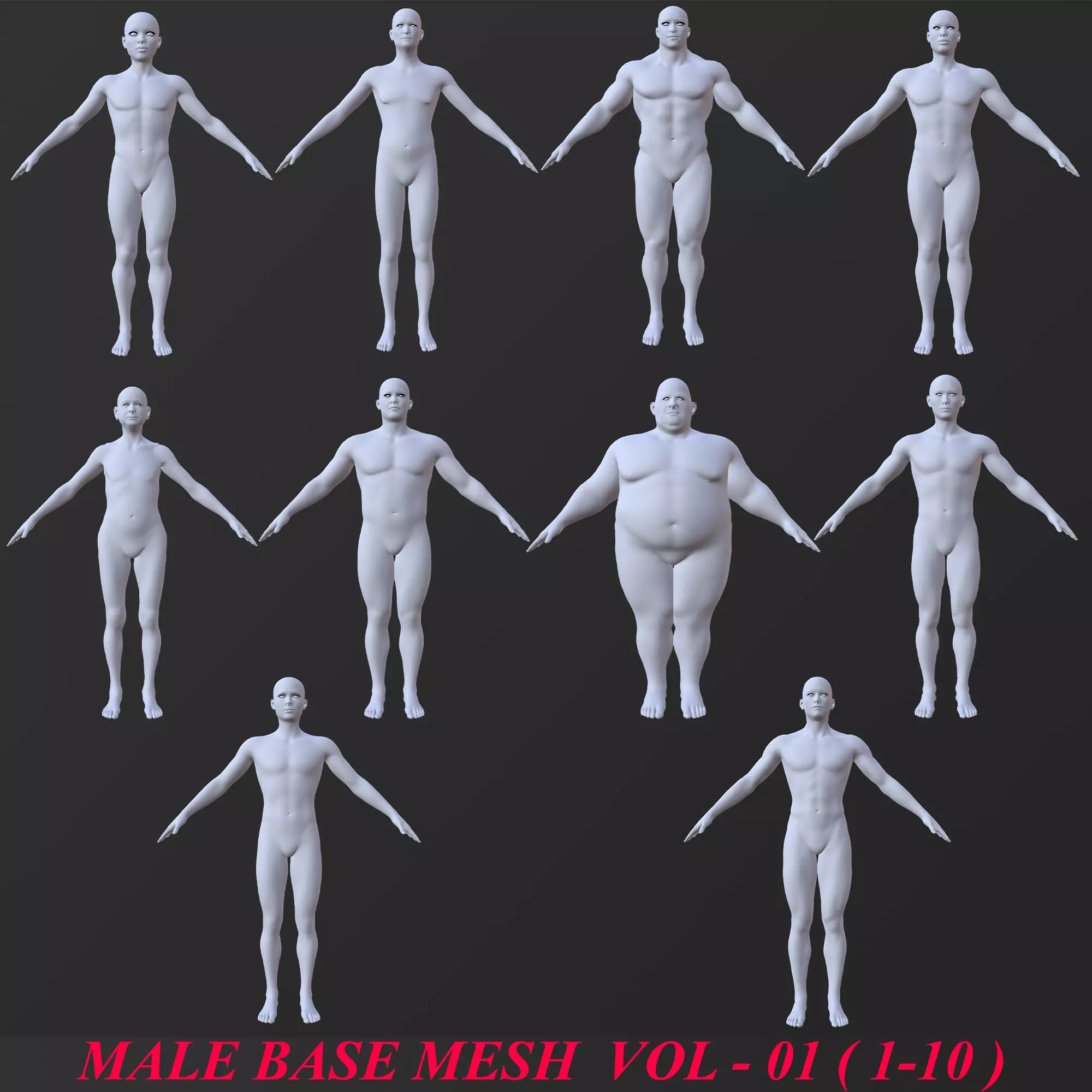 10 MALE BASE MESH  1-10 Low-poly 3D model_0
