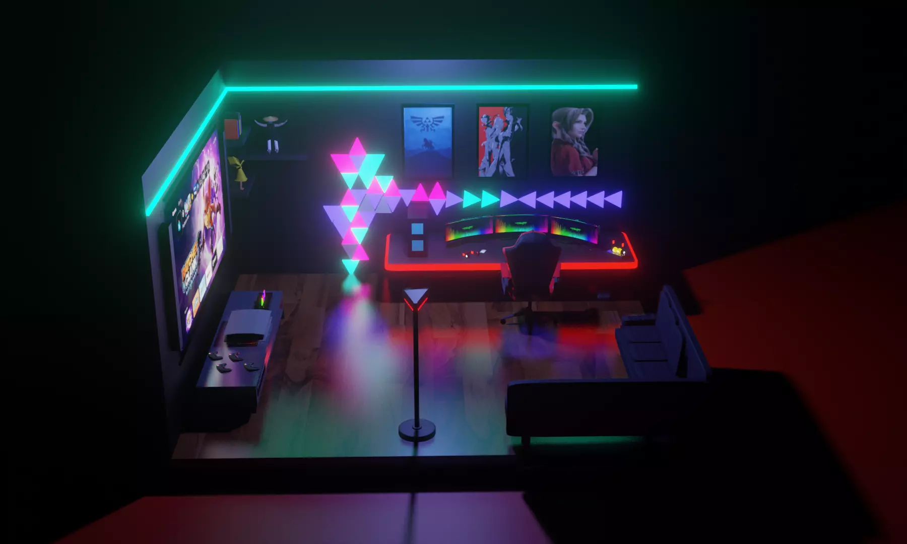 GamingRoom room with neon lights and furniture 3D model_0