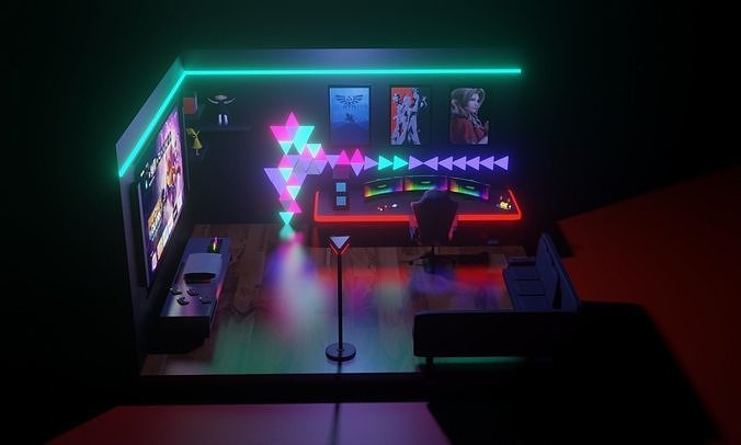 GamingRoom room with neon lights and furniture 3D model