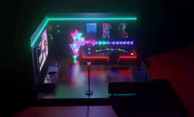 GamingRoom room with neon lights and furniture 3D model