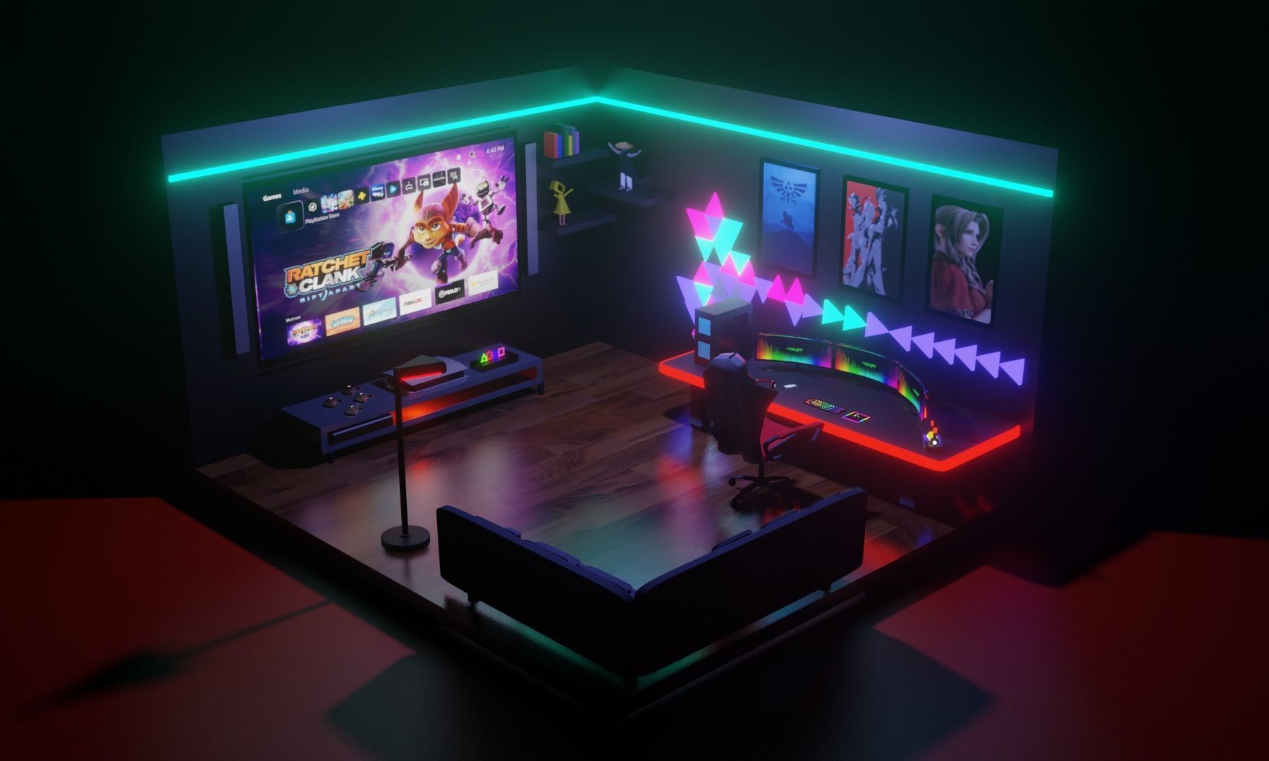 GamingRoom room with neon lights and furniture 3D model_1