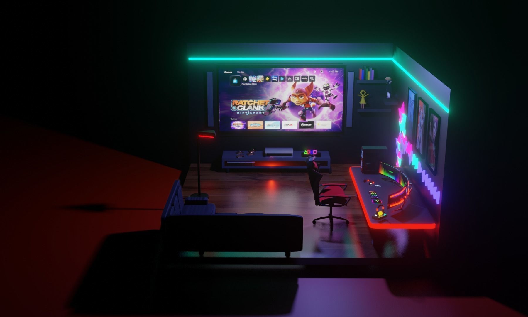GamingRoom room with neon lights and furniture 3D model_2