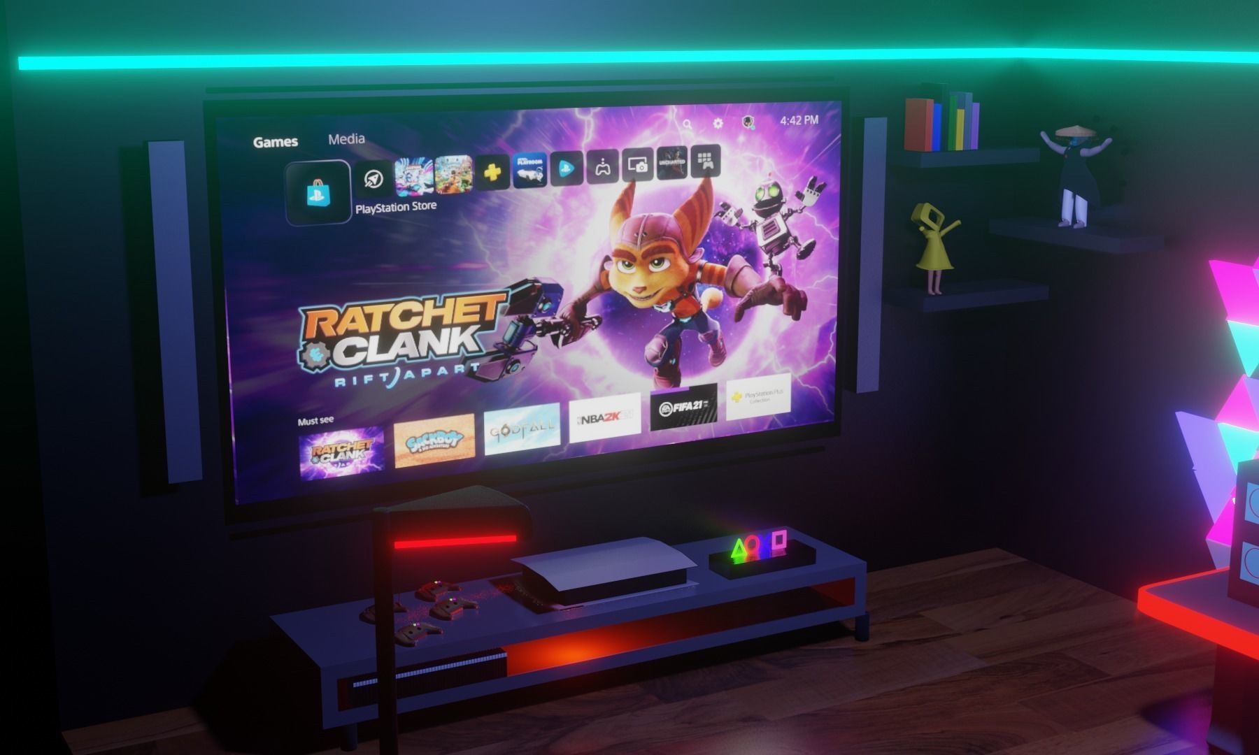 GamingRoom room with neon lights and furniture 3D model_3
