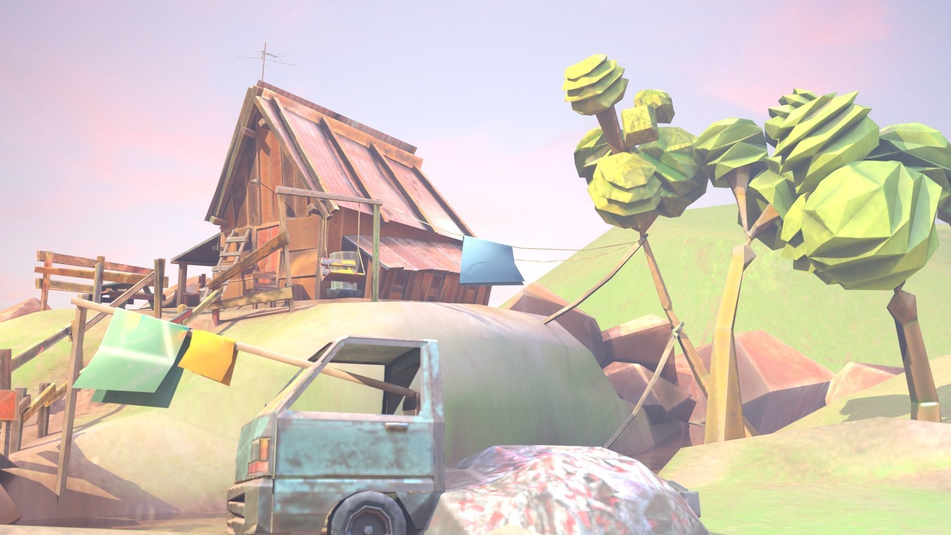 Low Poly Cabin village with truck Low-poly 3D model_1