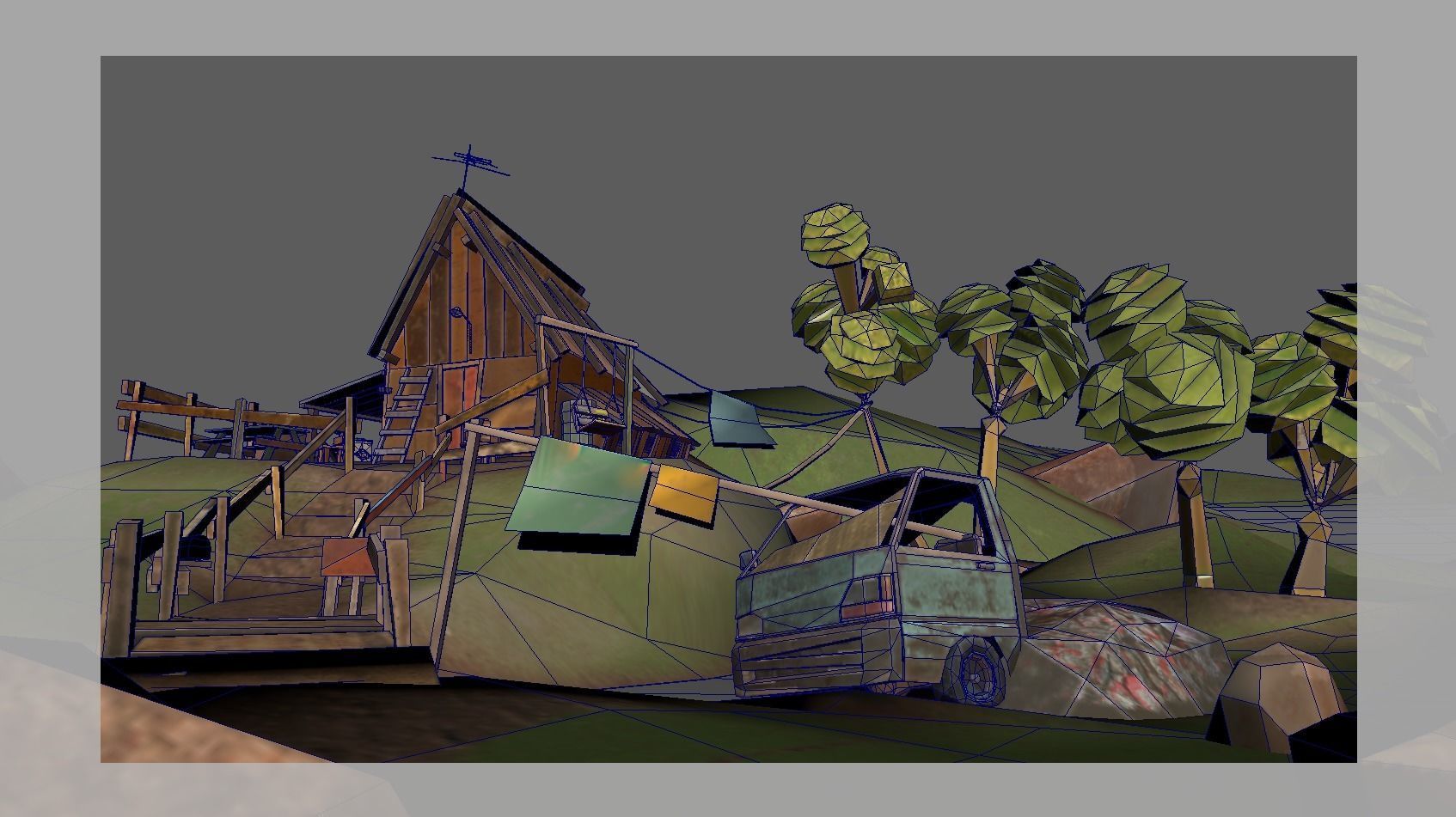 Low Poly Cabin village with truck Low-poly 3D model_3