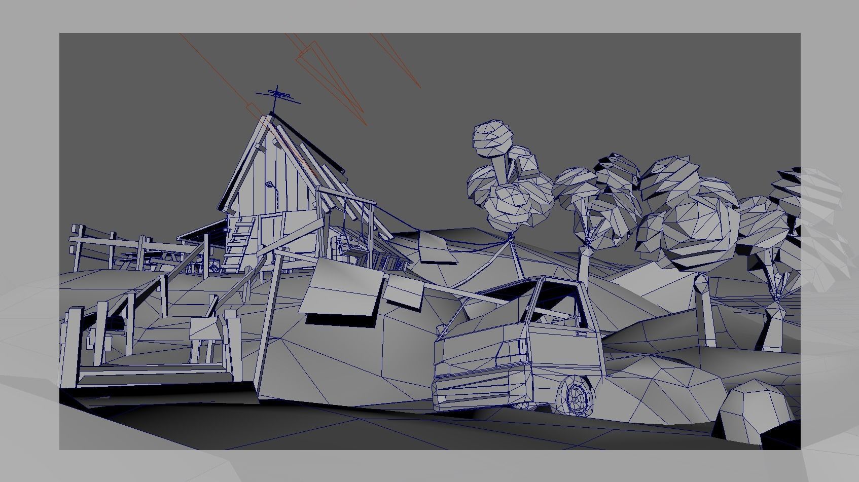 Low Poly Cabin village with truck Low-poly 3D model_4