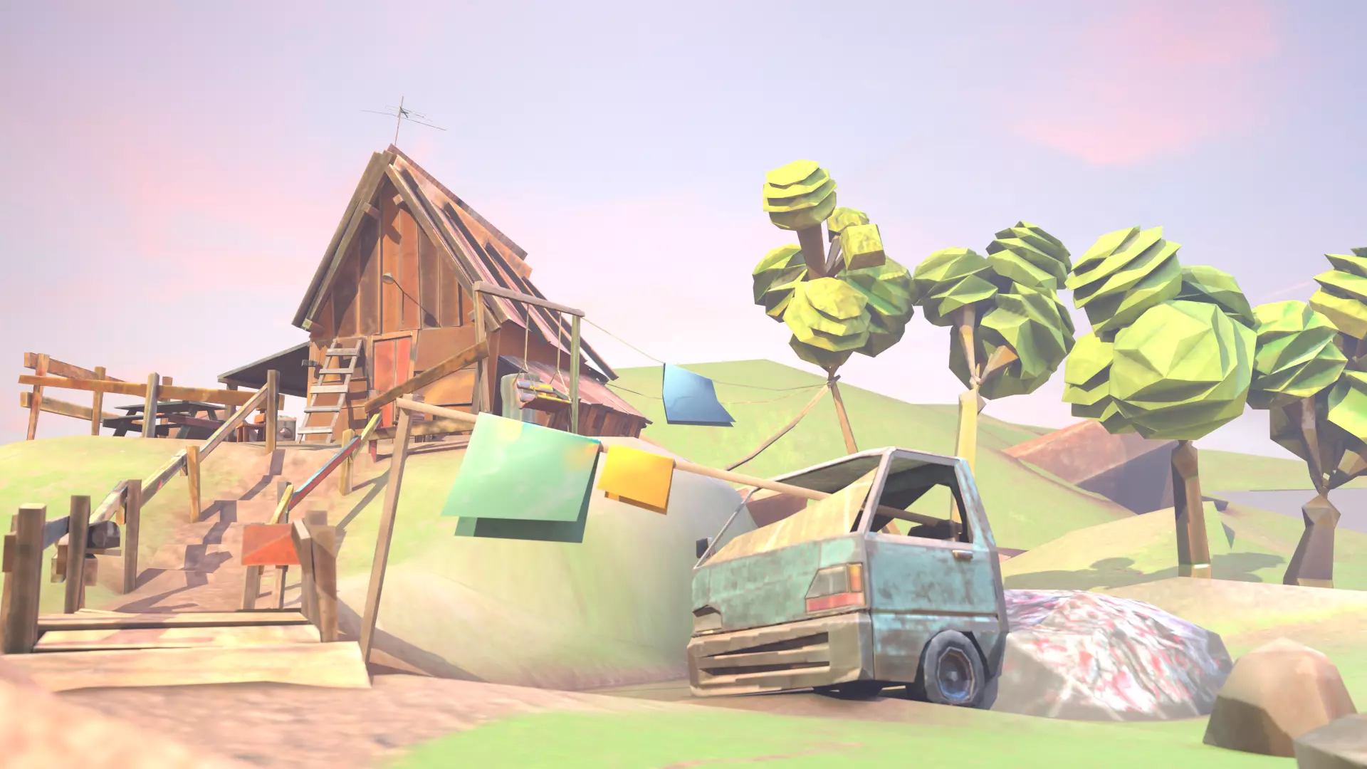 Low Poly Cabin village with truck Low-poly 3D model_0