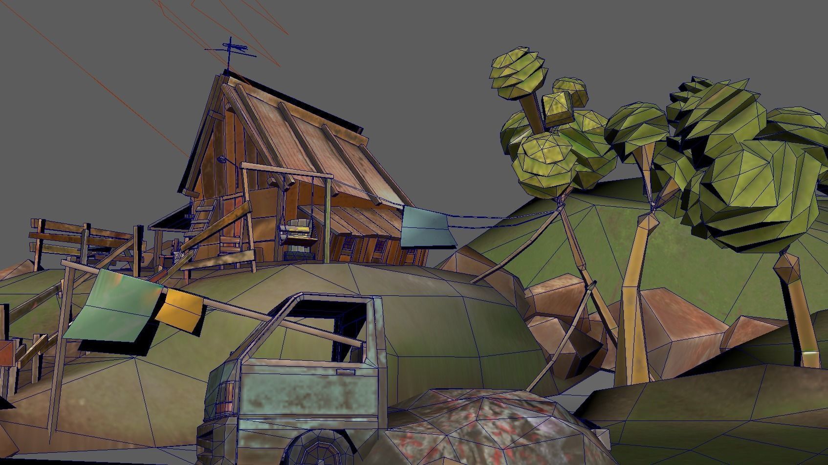 Low Poly Cabin village with truck Low-poly 3D model_5