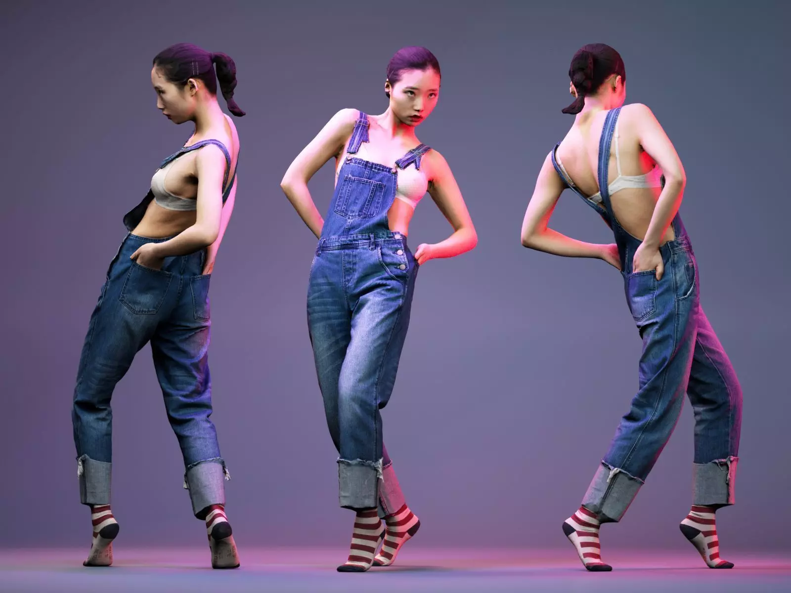 Asian model stepping in Jeans Salopet and Red Striped Socks Low-poly 3D model
