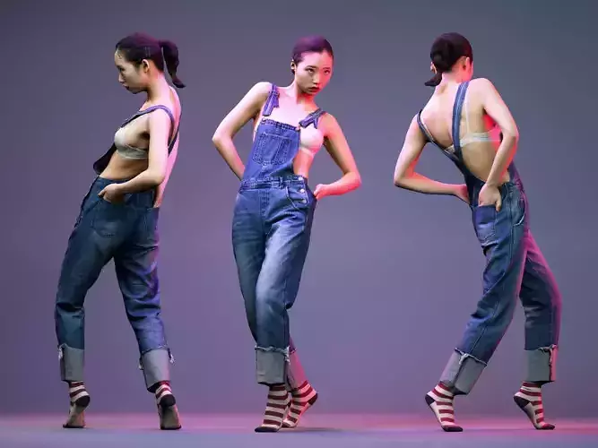 Asian model stepping in Jeans Salopet and Red Striped Socks