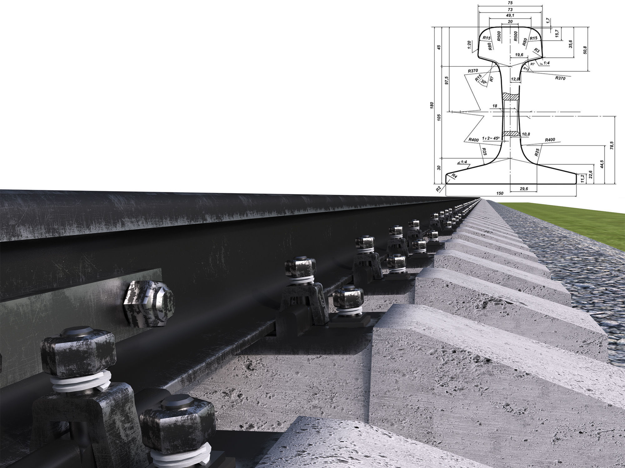 Highly detailed railroad track 3D model_3