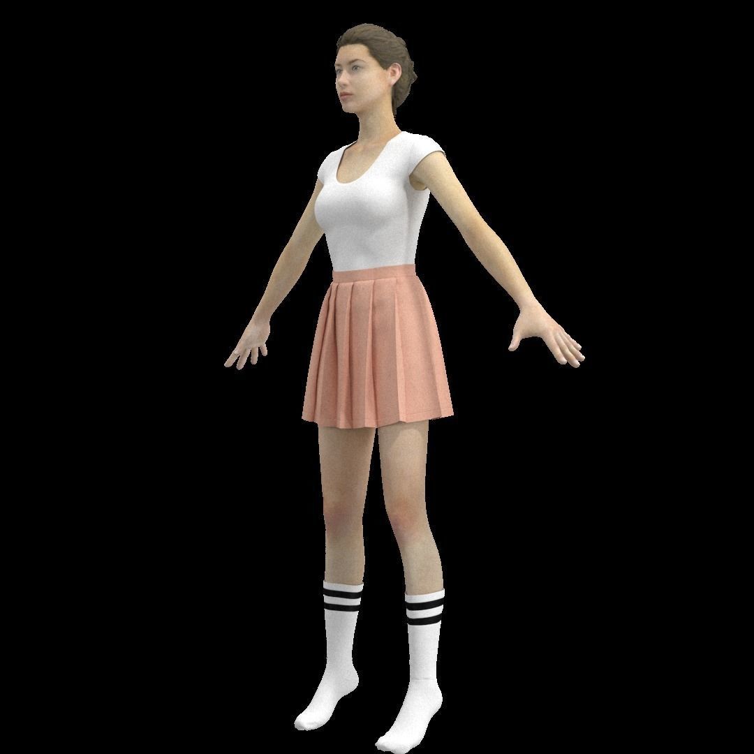 Pleated mini skirt outfit 3D model_7