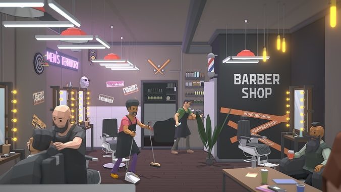 Low Poly Barbershop barber shop with people in it Low-poly 3D model