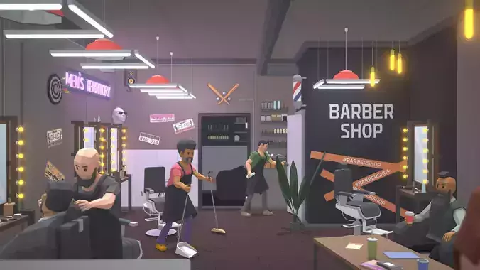 Low Poly Barbershop barber shop with people in it