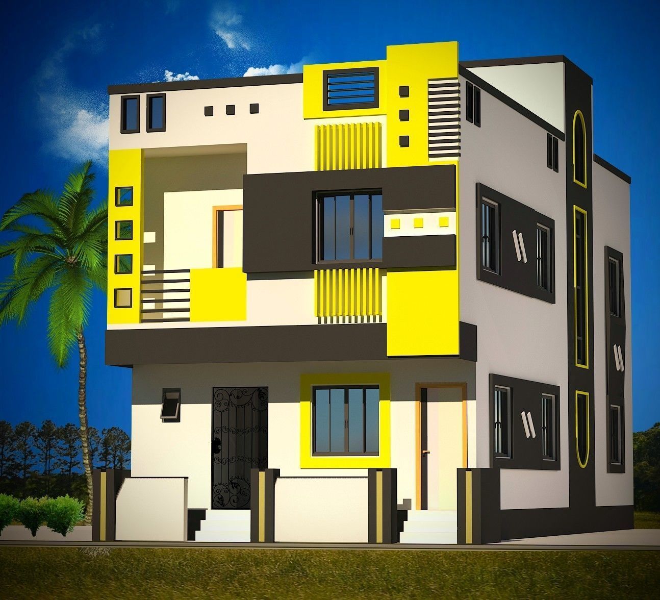 Elevation house design in chennai Low-poly 3D model_1