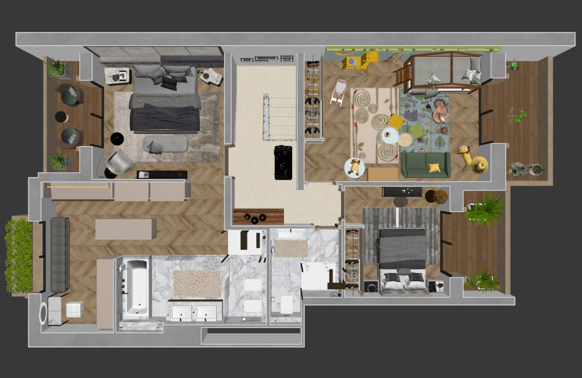 3d floorplan S two bedroom apartment floor plan 3D model_6