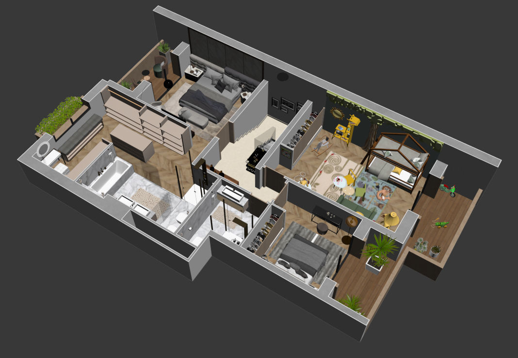 3d floorplan S two bedroom apartment floor plan 3D model_1