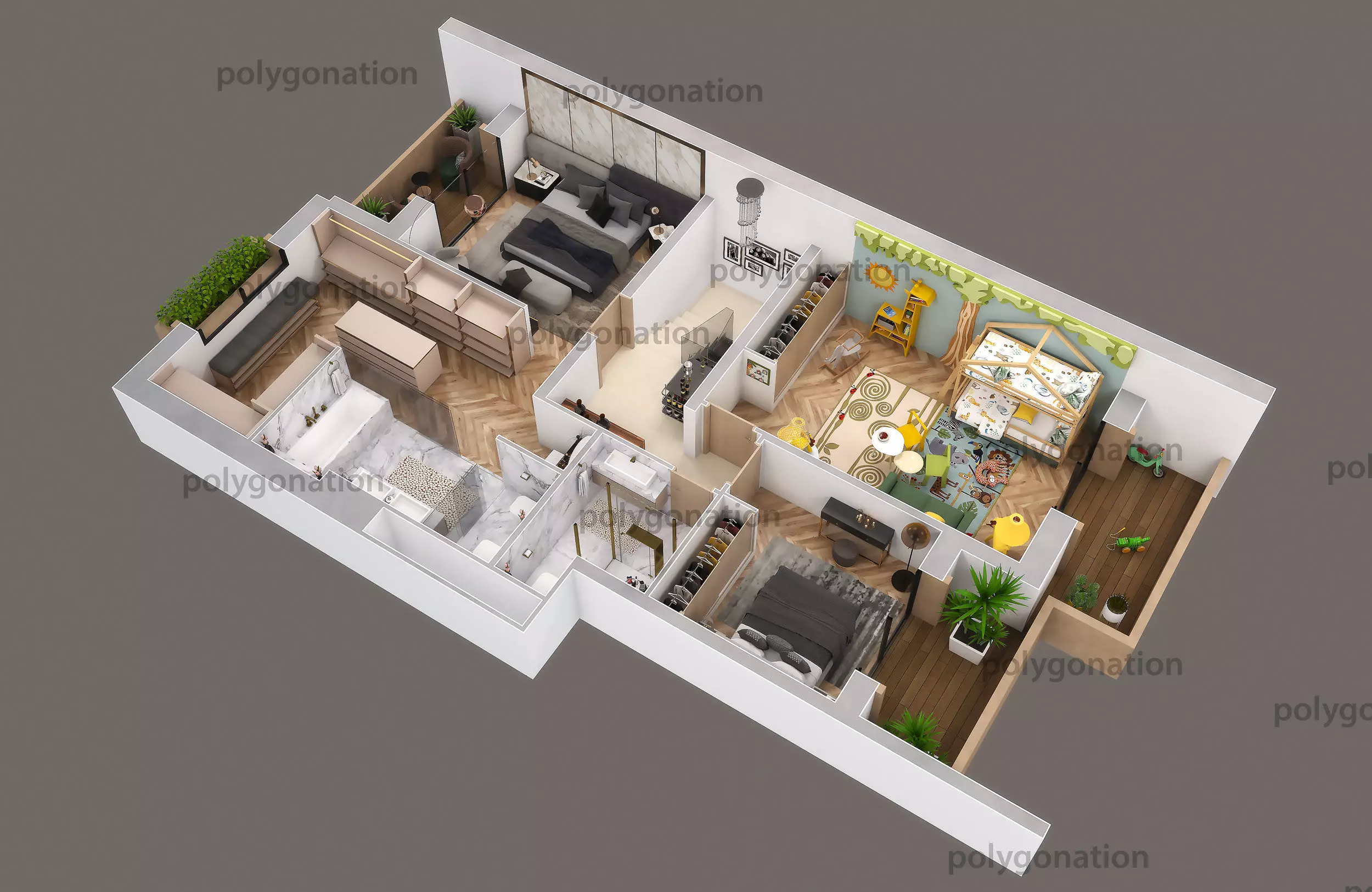 3d floorplan S two bedroom apartment floor plan 3D model_0
