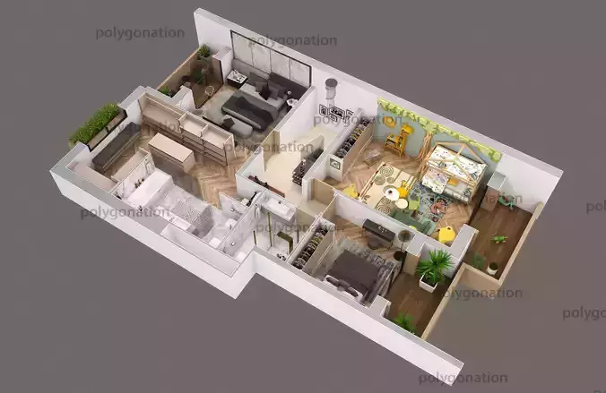 3d floorplan S two bedroom apartment floor plan