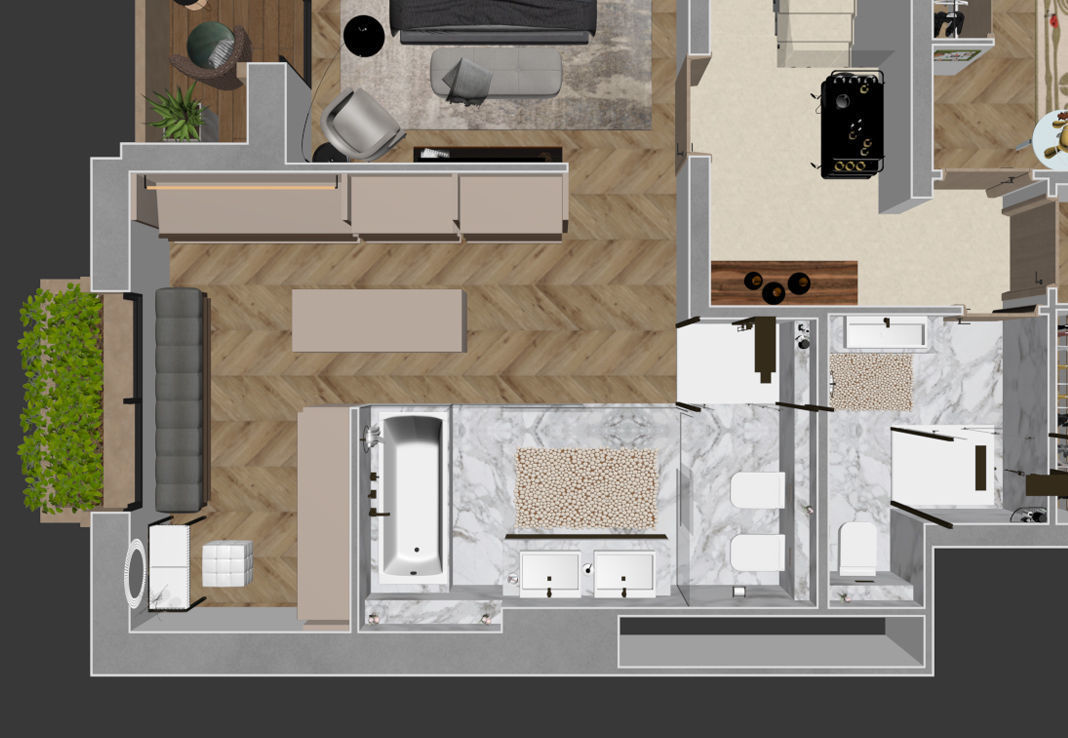 3d floorplan S two bedroom apartment floor plan 3D model_5