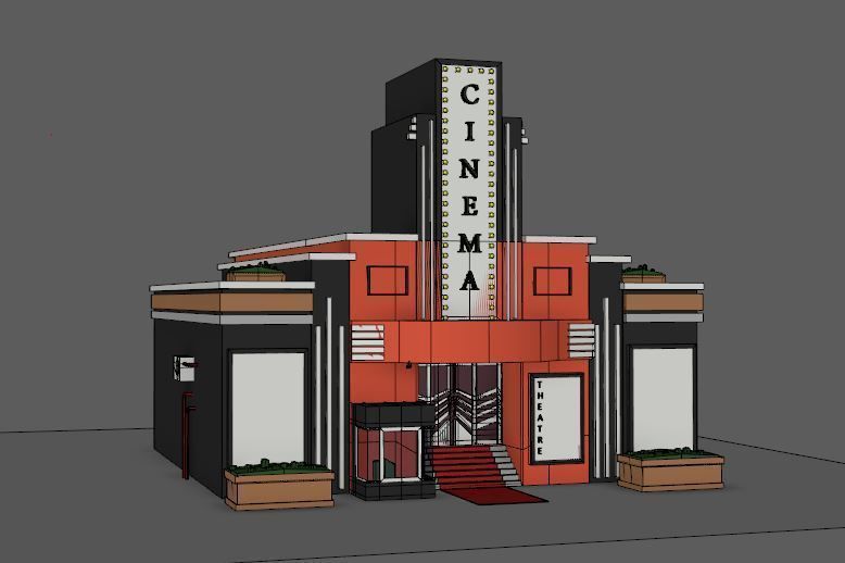 Low Poly Theatre movie theater building Low-poly 3D model_1