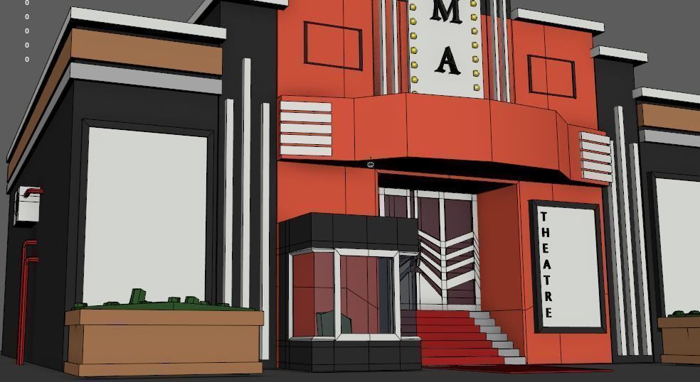 Low Poly Theatre movie theater building Low-poly 3D model_2