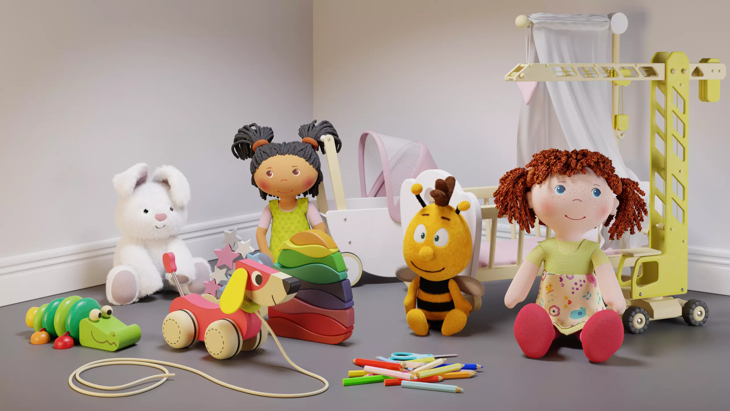 Wood Toys Dolls And Stroller 3D model_0