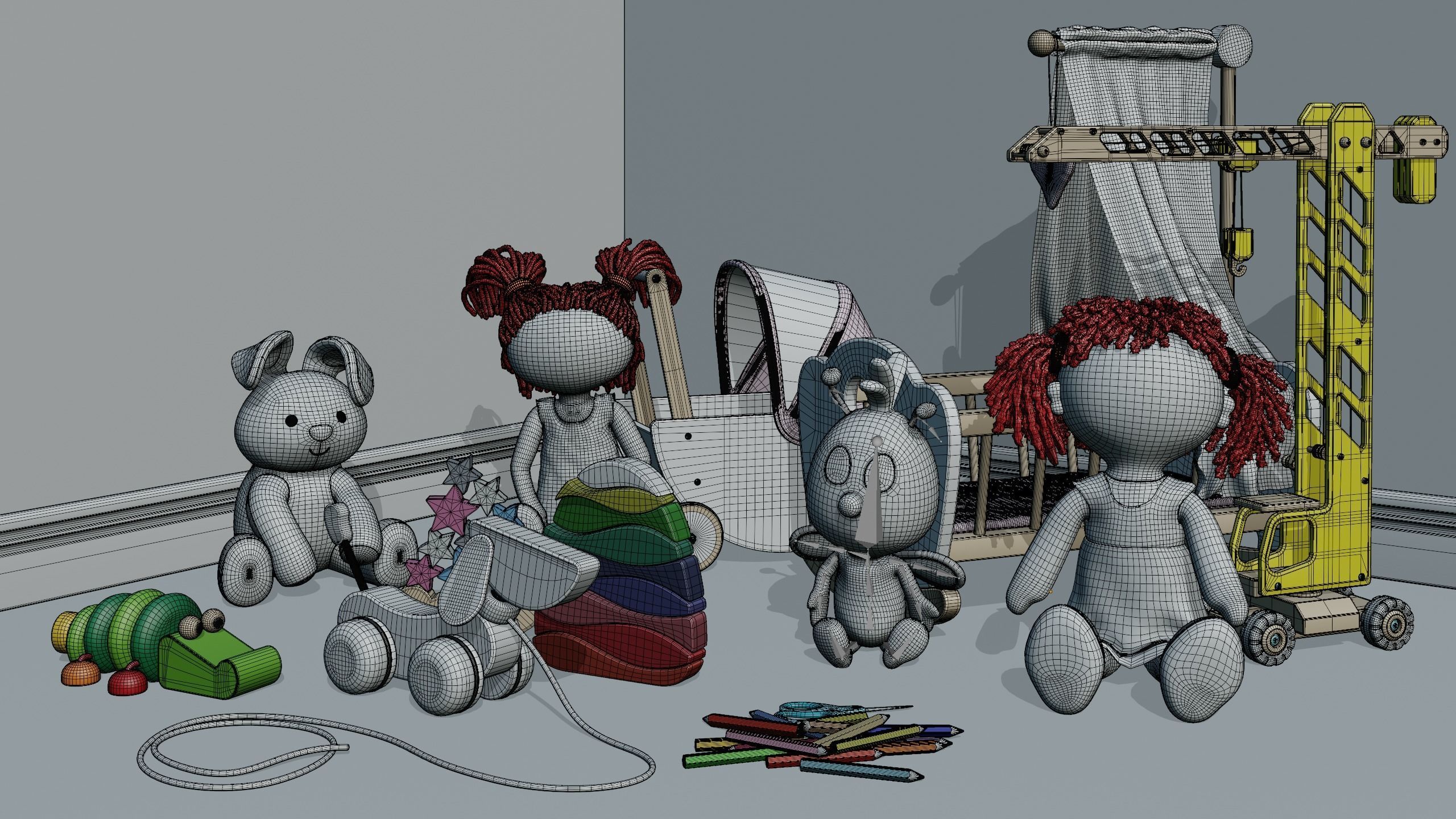 Wood Toys Dolls And Stroller 3D model_3