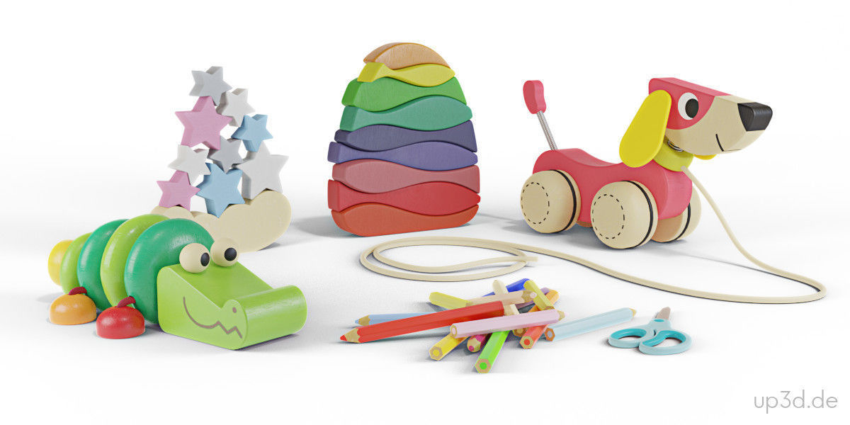 Wood Toys Dolls And Stroller 3D model_4