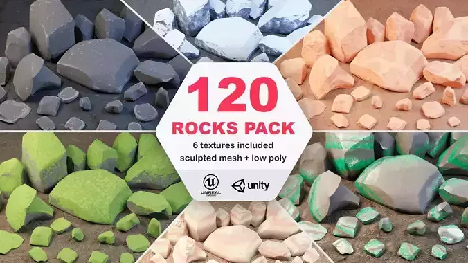 120 stylized rock asset pack - VR - AR - Low-Poly - Game ready