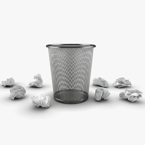 Trash bin and crumpled paper Low-poly 3D model