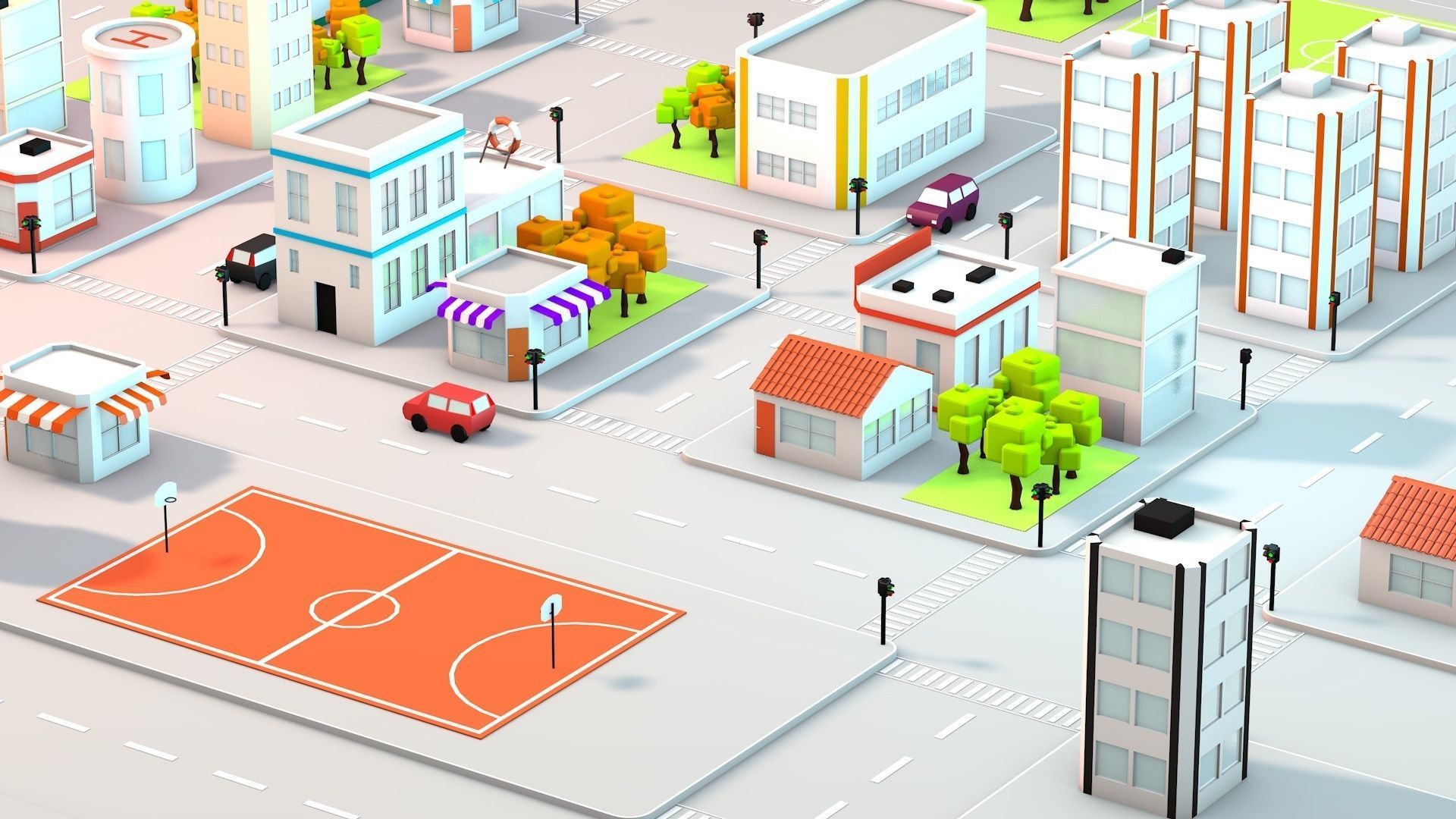 Low Poly City with buildings and trees Low-poly 3D model_8