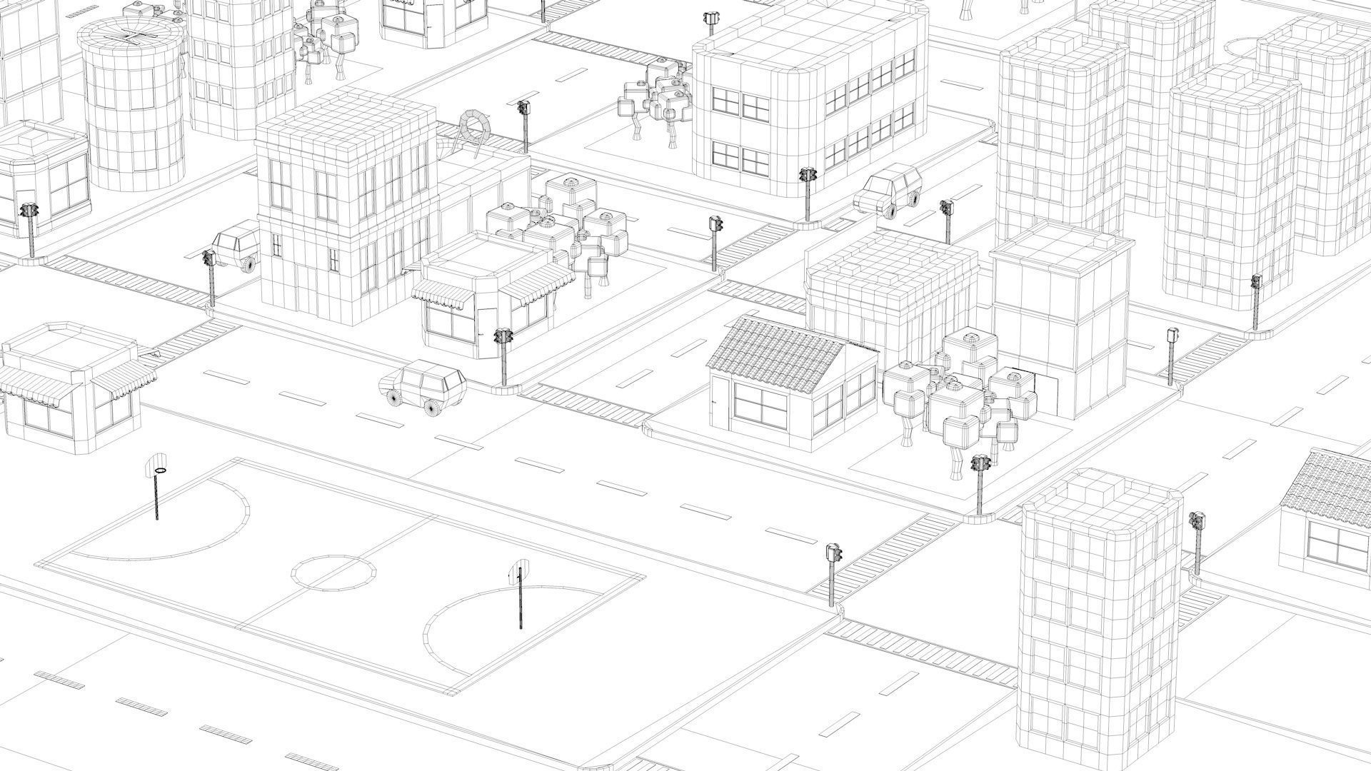 Low Poly City with buildings and trees Low-poly 3D model_21