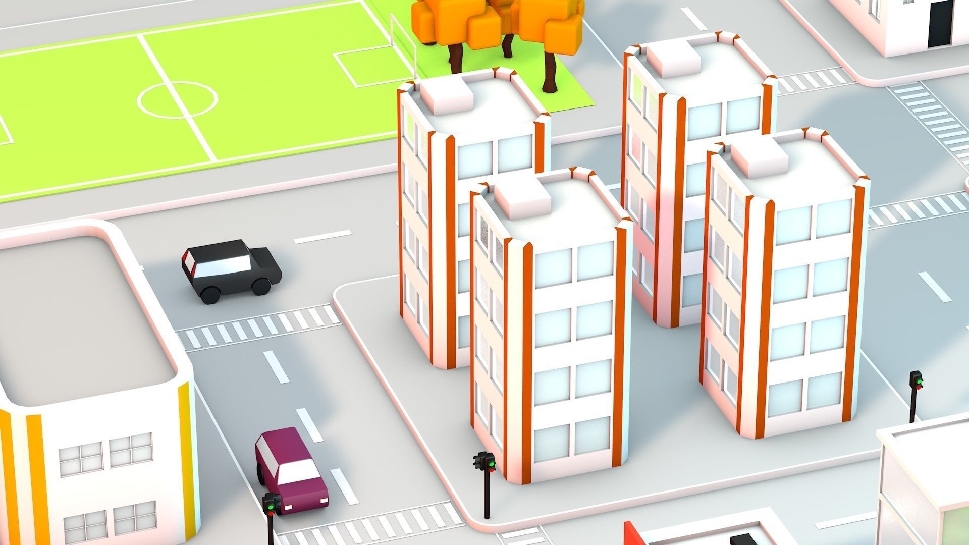 Low Poly City with buildings and trees Low-poly 3D model_4