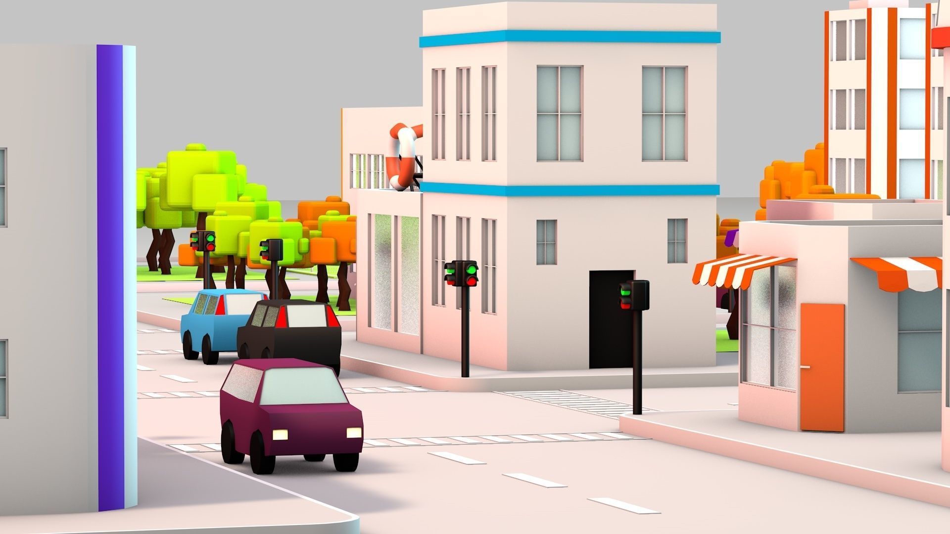 Low Poly City with buildings and trees Low-poly 3D model_10