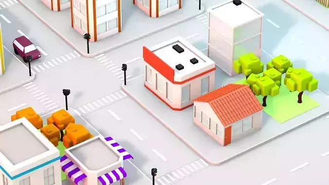 Low Poly City with buildings and trees Low-poly 3D model