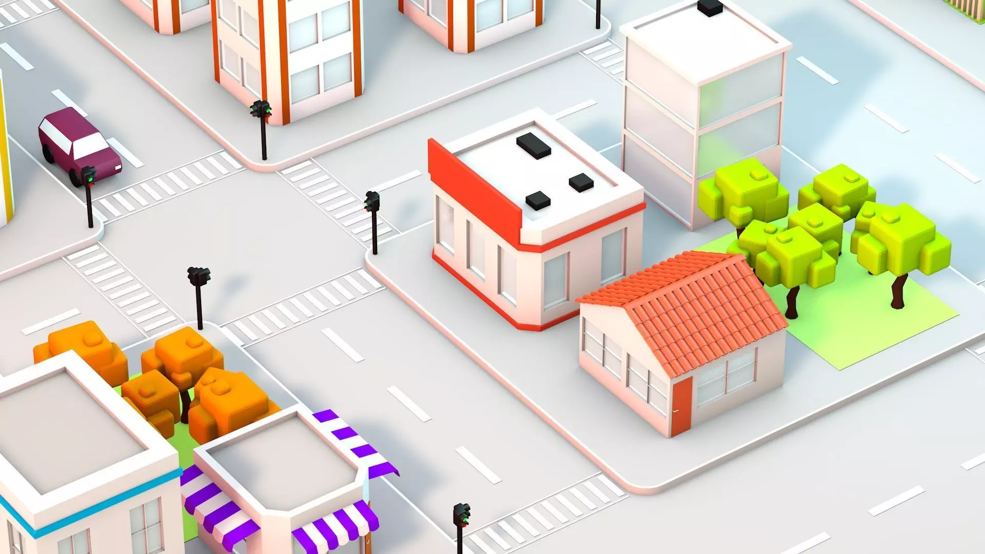 Low Poly City with buildings and trees Low-poly 3D model_0