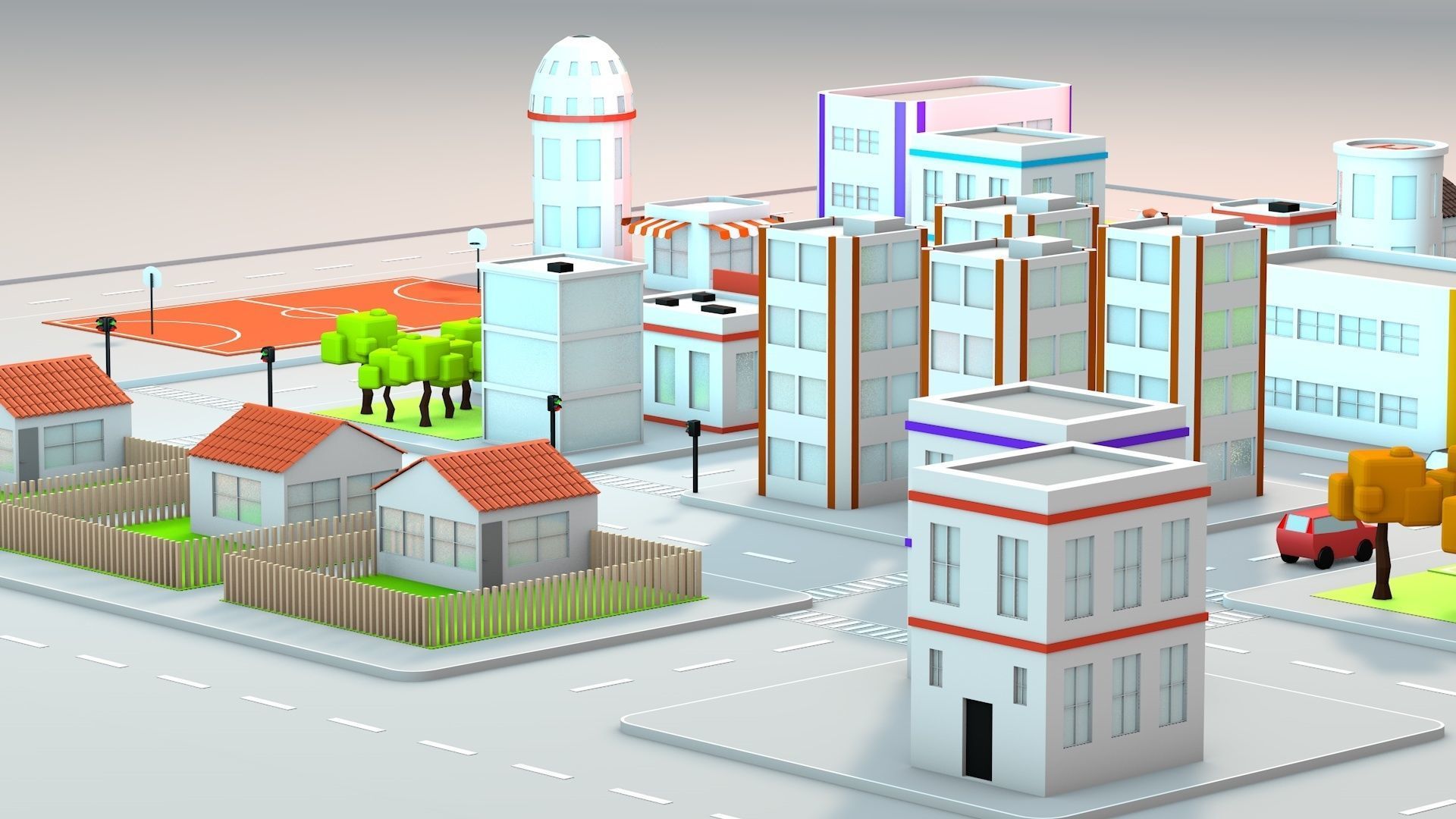 Low Poly City with buildings and trees Low-poly 3D model_6