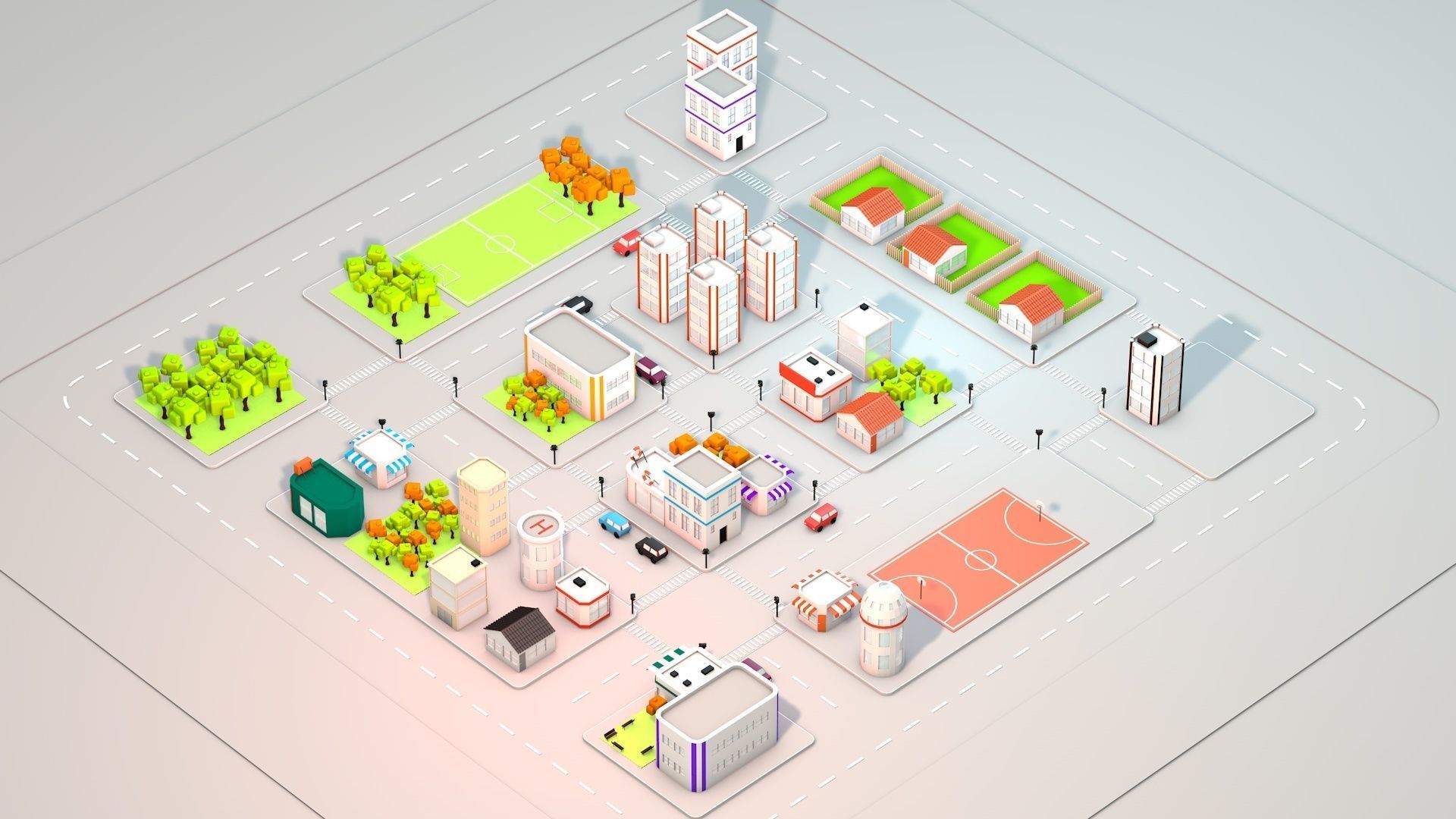 Low Poly City with buildings and trees Low-poly 3D model_1