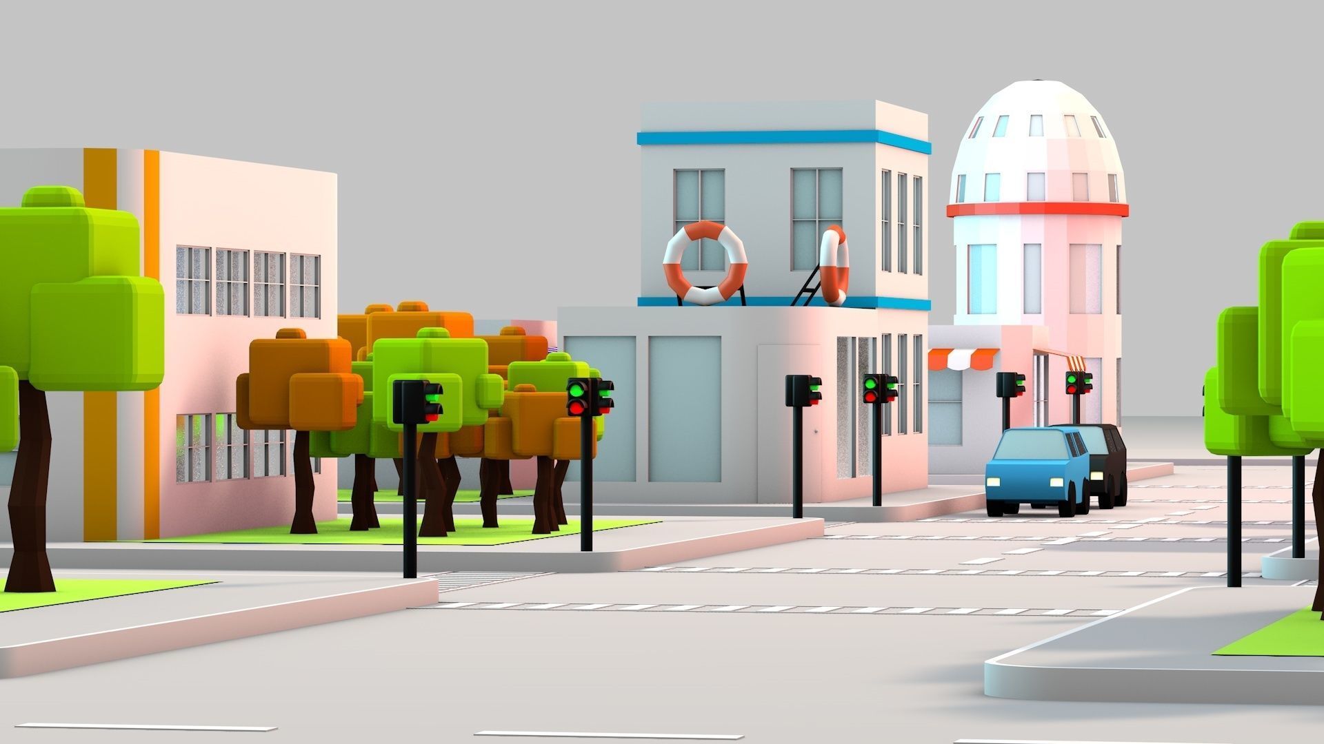 Low Poly City with buildings and trees Low-poly 3D model_12