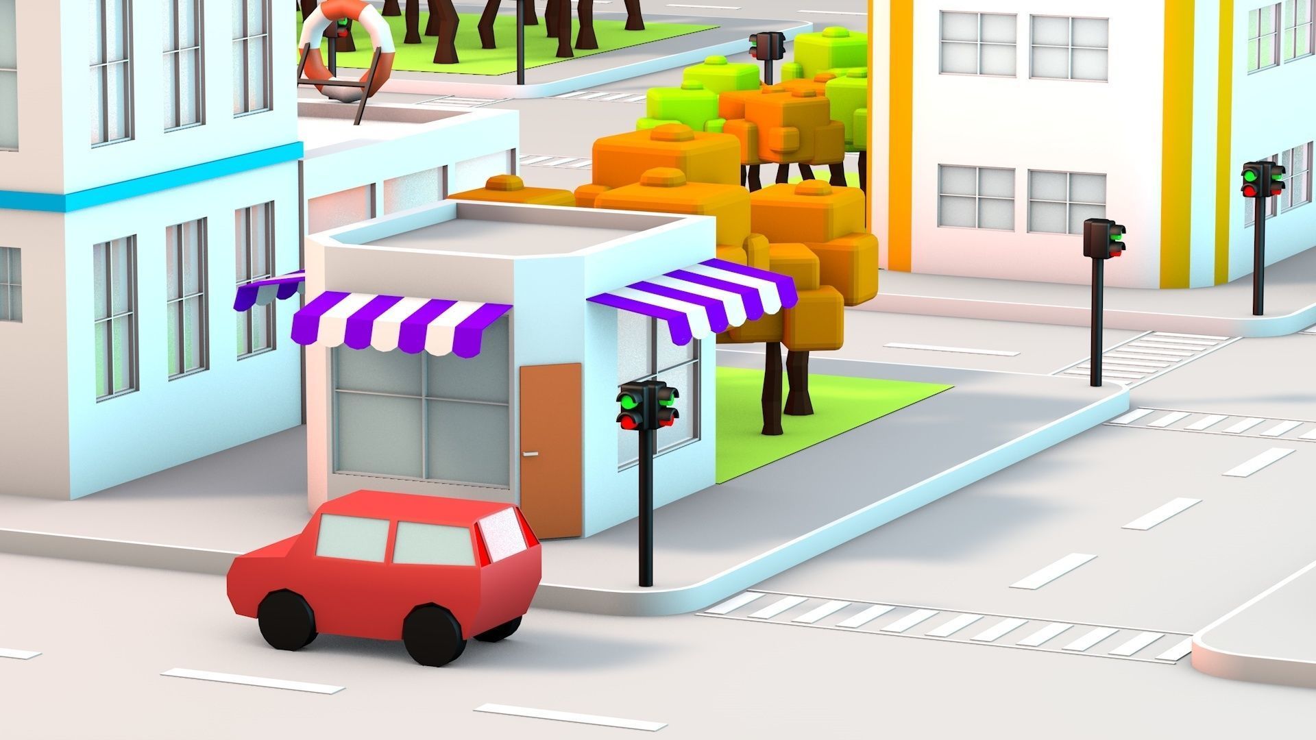 Low Poly City with buildings and trees Low-poly 3D model_9