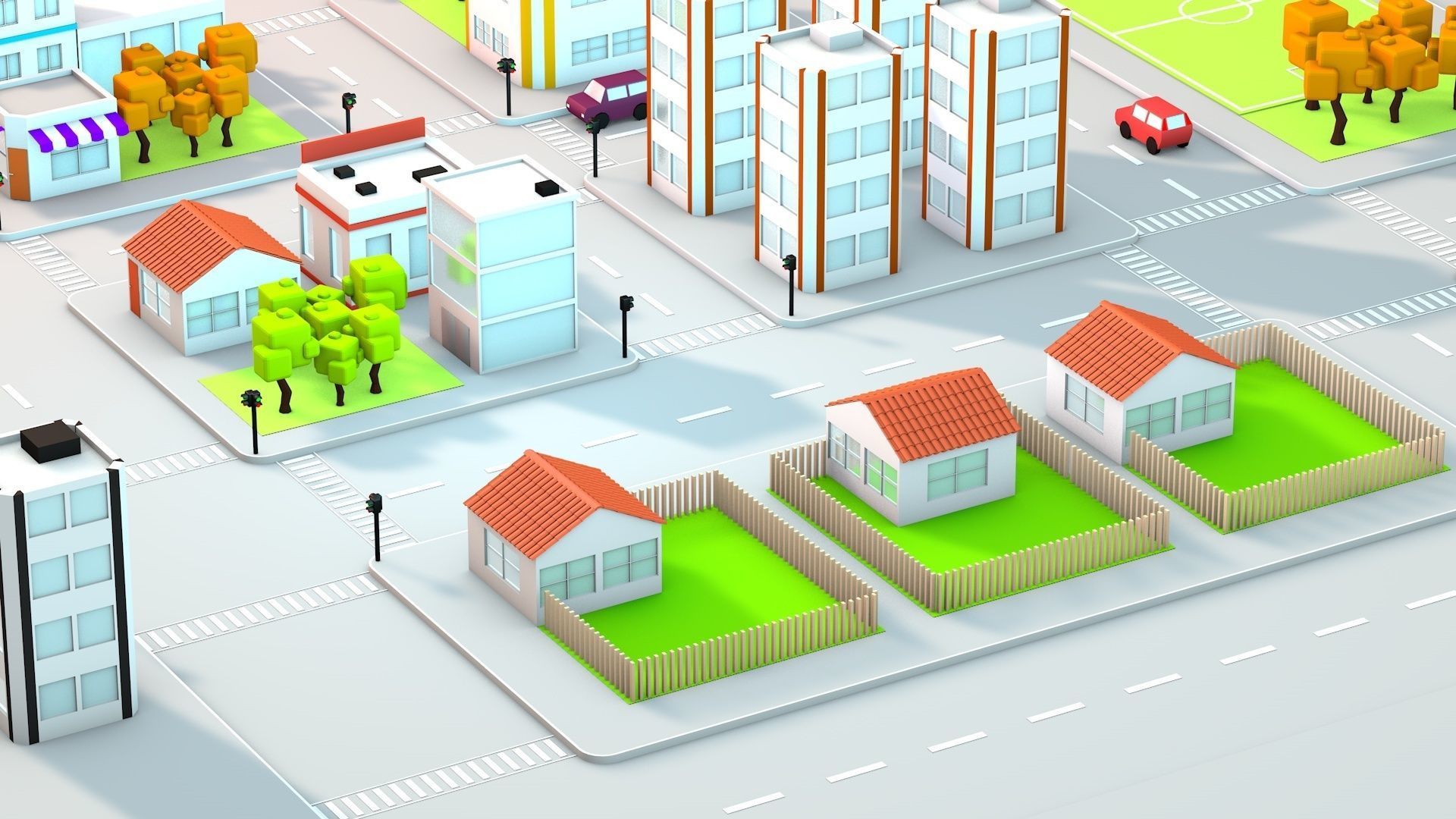 Low Poly City with buildings and trees Low-poly 3D model_7