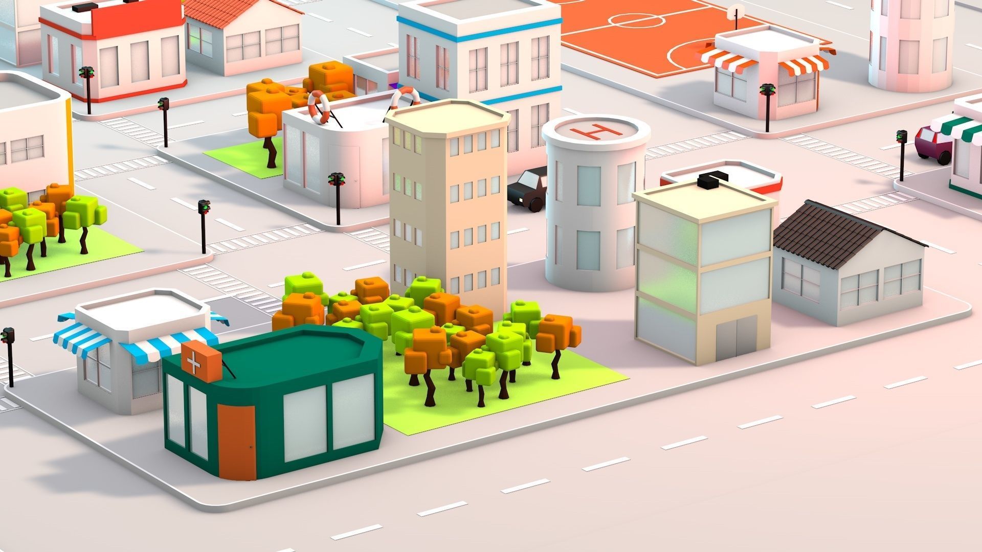 Low Poly City with buildings and trees Low-poly 3D model_3