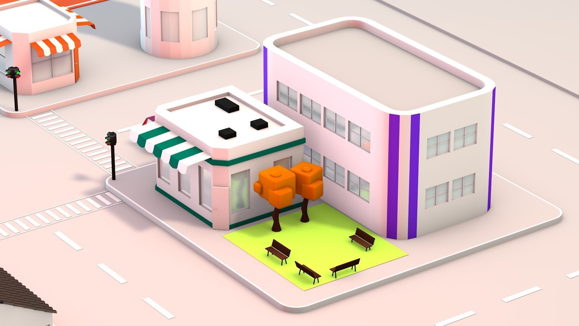 Low Poly City with buildings and trees Low-poly 3D model_2